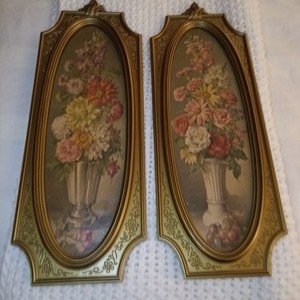 Pair of 1964 Florentine Gardens Vtg Floral Wall Art by Cecil Rubino - Gold Frame