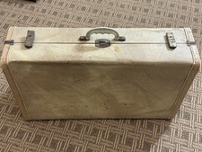 Vintage Beige Hard Shell Suitcase Faux Leather Travel Case w/ Locks Retro
