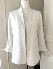 LOFT Women  s White Open Front Blazer with Sleeve Tie Detail Size Small Pre Loved