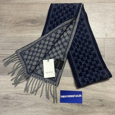 Gucci 100 Lana Wool Scarf Shawl Navy Gray Blue GG Monogram made in italy NWT