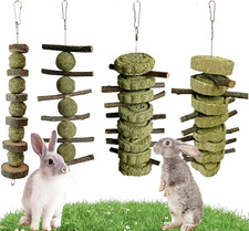 4 Pack Bunny Chew Toys Apple Wood Chews Rabbit Cage Hanging Grass Cake Snack Tre