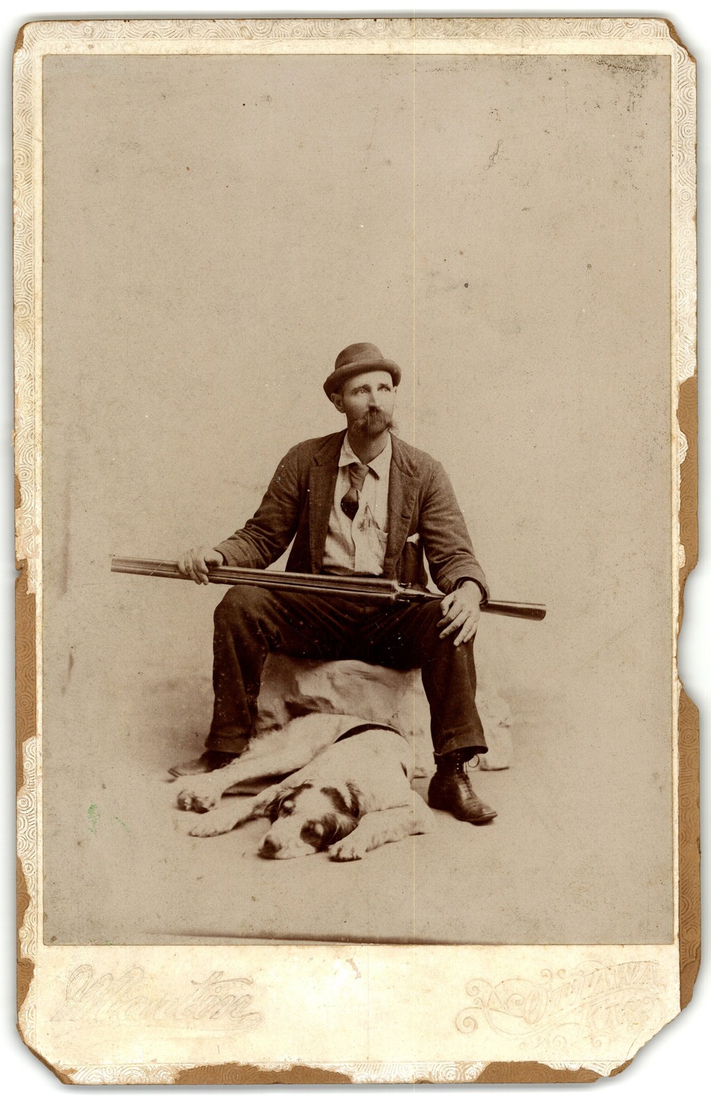 Cabinet Card Circa 1890s Handsome Hunter Holding Double Barrel Shotgun Dog