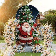 2D Flat, 1pc Large Arched Christmas Backdrop with Santa Claus  Tree Design - Wi