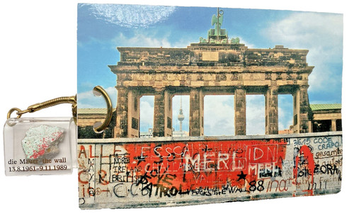 1989 Original Berlin Wall Stone certificate from GDR w Postcard Mounted Keychain