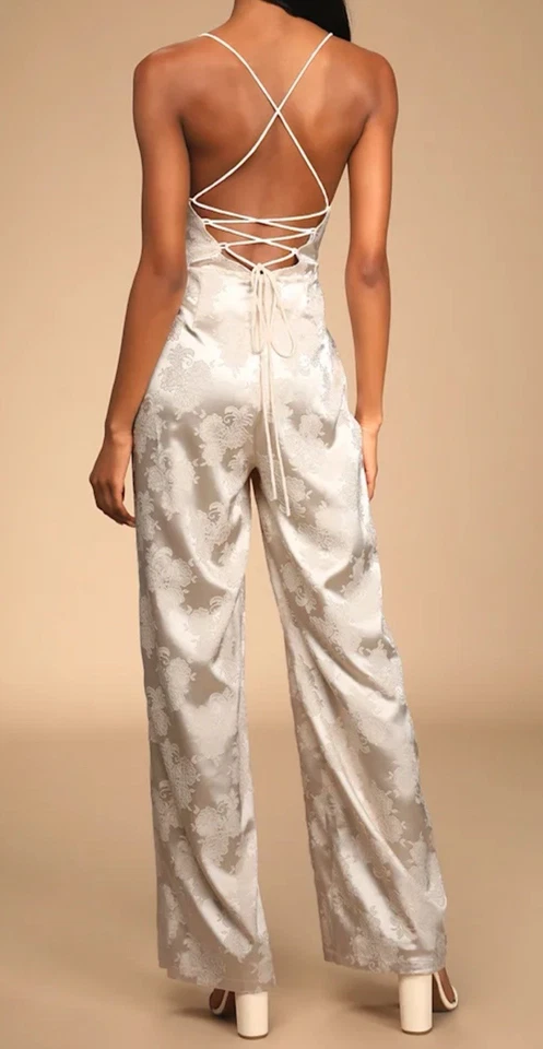 Mono Lulu’s Oh So Elegante Champagne Jacquard Con Cordones Pierna Ancha Talla M Jacquard Foto 2 de 4