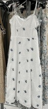 White Blue Floral Eyelet Embroidered Midi Sundress Sweetheart Neck Strappy Slee…