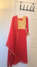 Women  s Red Gold Anarkali Salwar Kameez Set with Sequins  Dupatta
