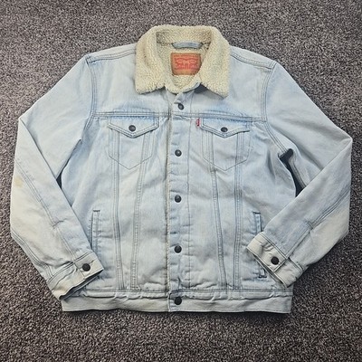 Levi s Sherpa Lined Trucker Jacket Men Large Blue Light Wash Denim Type III Snap