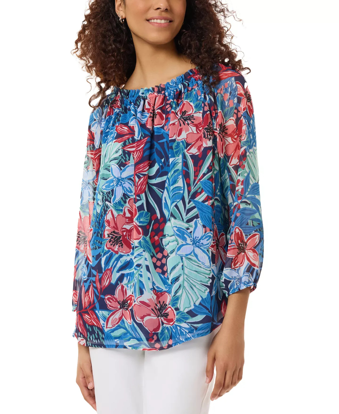 Jones New York Women's Top Petite PM Smocked-Neck Floral-Print