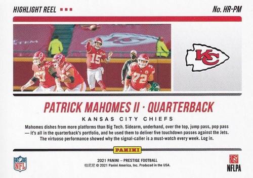Carrete destacado Panini Prestige 2021 Patrick Mahomes II #HR-PM - Imagen 2 de 2