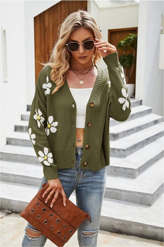 Women Flower Pattern Button Front Cardigan Sweater - Picture 26 of 43
