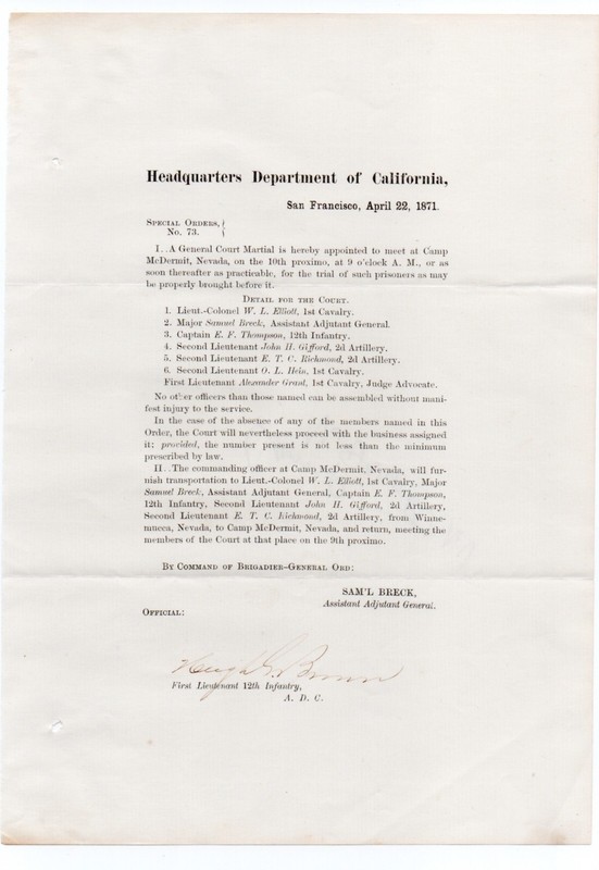 1871 US Army Special Orders # 73  San Francisco Court Martial at McDermit Nevada