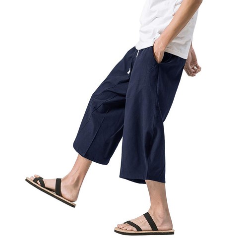 Men's Capri 3/4 Pants 4 Pockets Linen Cotton Shorts Baggy Loose Fit Casual Yoga - Picture 16 of 62