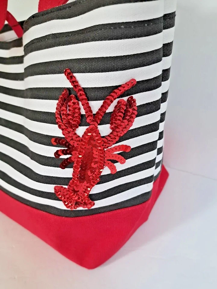 Bolso de Playa Náutico Quacker Factory Bolso de Lona Rayas Lentejuelas Langosta Usado Foto 2 de 4