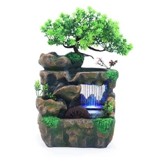 Water Fountain Tabletop Indoor Small Rock Waterfall Zen Decor with LED Light New
