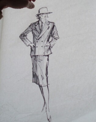 LARGE VINTAGE FASHION SHOW MODEL PENCIL INK DRAWING ON VERY THIN PAPER