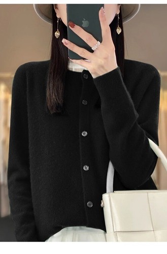 Merino Wool Long Sleeve Knitted Cashmere Sweater Ladies Knitted O-neck Cardigan - Picture 9 of 39
