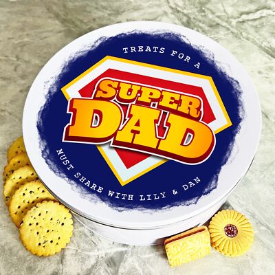 Super Papa Logo rund personalisiert Geschenk Kuchen Kekse Süßigkeiten Leckerli Dose