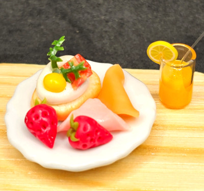 Dollhouse Miniature Bread with Egg Ham Fruit & OJ  Breakfast Food Prop 1:10