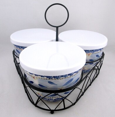 Temptations Old World Blue 3 Bowl Bake Serve Set Wire Caddy Party Buffet w/ Lids