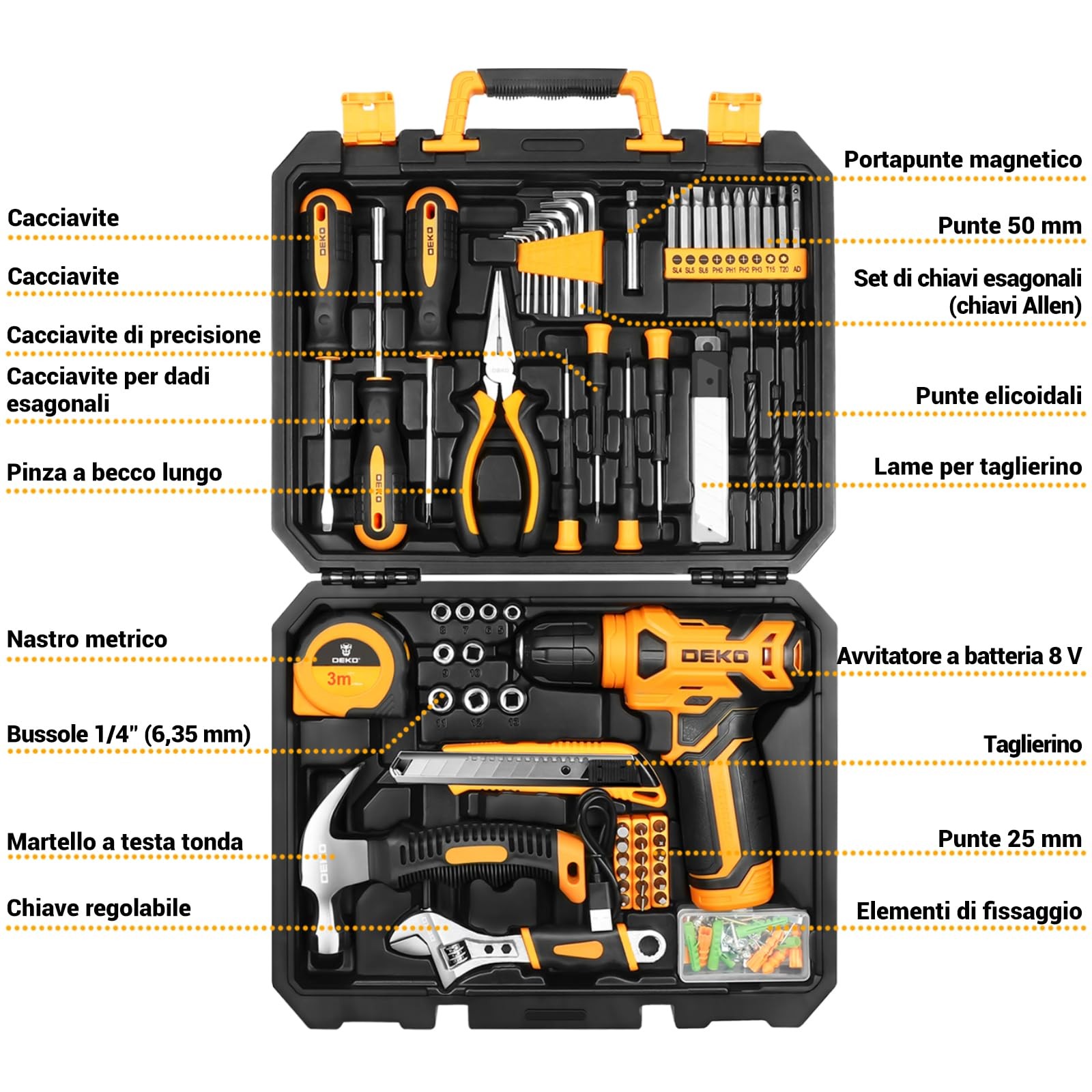 DEKO Cassetta Attrezzi Completa con Trapano Avvitatore Batteria 8V 126 Pezzi foto 2