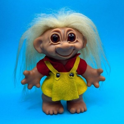 Rare Vintage Dam Things Large Denmark Troll Girl Long Hair Felt Dress Figure 60s