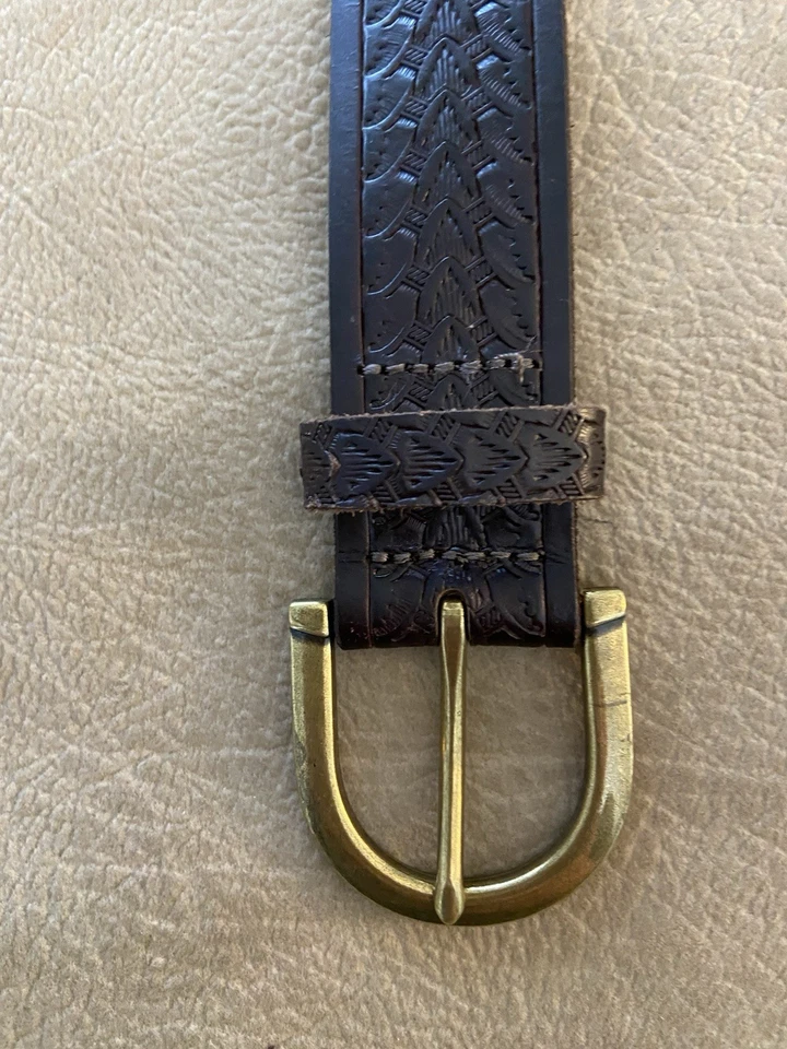 Lucky Brand Stamped Leather Belt SZ M Boho Western Brass Buckle - Image 2 of 4
