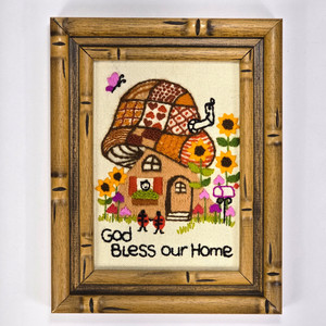 VTG 1970s Mushrooms Butterfly Ladybug Floral Crewel Embroidery Finished & Framed