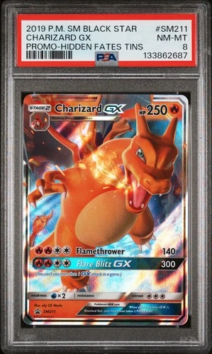 2019 POKEMON SM BLACK STAR PROMO HIDDEN FATES TINS #SM211 CHARIZARD GX PSA 8