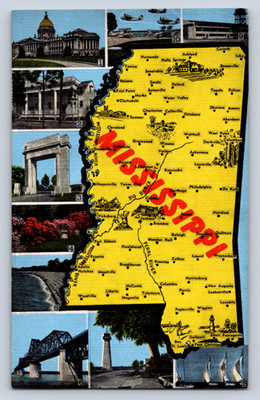 Vintage Mississippi Map Postcard with Key Landmark Images Linen Finish