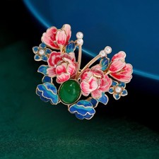 Red/Purple Enamel Faux Pearl Peony Flower Butterfly Brooch Pin