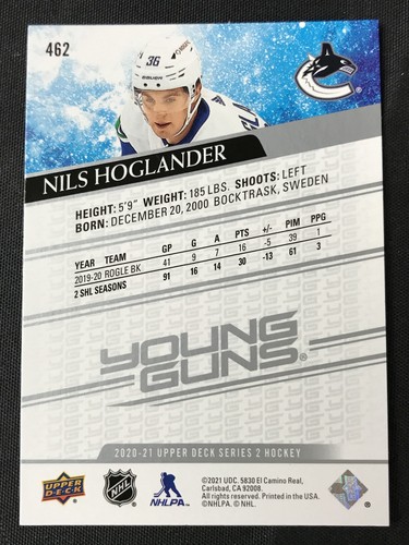 2020-21 Upper Deck Young Guns #462 Nils Hoglander Vancouver Canucks - Picture 2 of 2