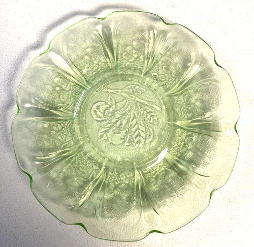 Cherry Blossom Green Depression Glass Plate Uranium Glass 5.5