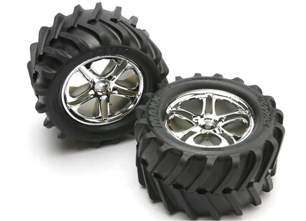 Traxxas 1/10 E-Maxx * 2 SS CHROME WHEELS & 3.8" MAXX CHEVRON