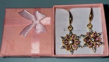 NWT Goldtone Winter Snowflake with Pink And White Rhinestones Hook Earrings
