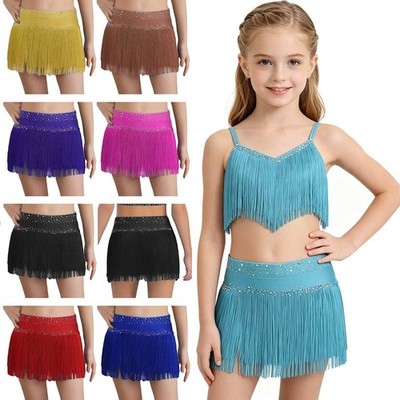 US Girls Fringe Skirt Leotard Belly Tango Skirt Rumba Samba Tassel Dance Costume