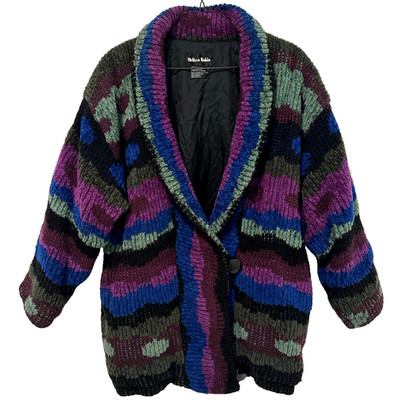 M/L Vtg 90s Chunky Knit Boho Acid House Rave Soft Puffy Oversize Sweater Jacket