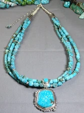 NAVAJO Mathew Jack KINGMAN Water Web TURQUOISE Sterling Silver PENDANT Necklace