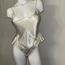 Amaretta Vintage Satin Polka Dot Teddy Bodysuit Petite USA Made Ivory Pink