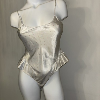 Amaretta Vintage Satin Polka Dot Teddy Bodysuit Petite USA Made Ivory Pink