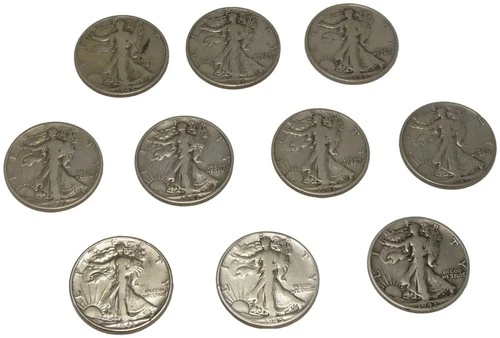 1943 LOT OF 10 Walking Liberty Half Dollars 90% Silver P D S Mint 50c Circulated