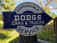 HUGE VINTAGE DODGE CARS & TRUCKS DEPENDABLE SERVICE PORCELAIN SIGN 28"x18"