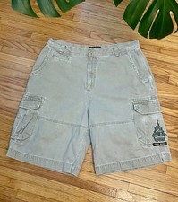 Vintage 90s Y2K Size 40 JNCO Khaki Embroidered Cargo Shorts Flaming Crown Baggy