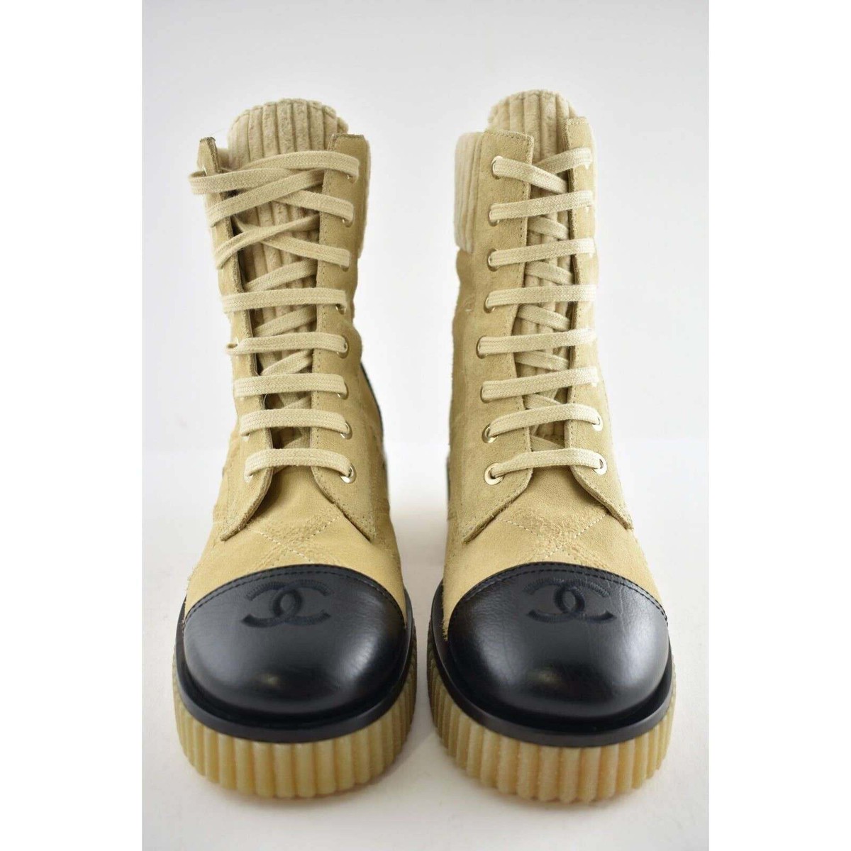 Chanel 20B Beige Black Quilted CC Platform Combat Lace Up Chanel 20B Beige Black Quilted CC Platform Combat Lace Up