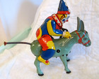 Antique Made in Germany Dgrm Clown Riding Donkey Windup Tin Toy w key