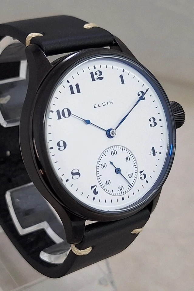 Reloj Bolsillo Elgin 12s Bolsillo Matrimonio Conversión 44mm Negro PVD 1917 Movimiento Foto 2 de 4