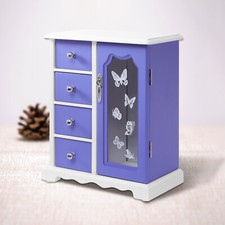 Double Door Built-in Mirror Purple Butterfly Jewelry Box with 4Drawers Organizer