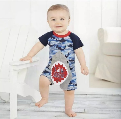 Mud Pie Baby Boy Camo Shark Snap Mouth One-Piece Romper Size 3-6 Months - 第 3/3 張圖片