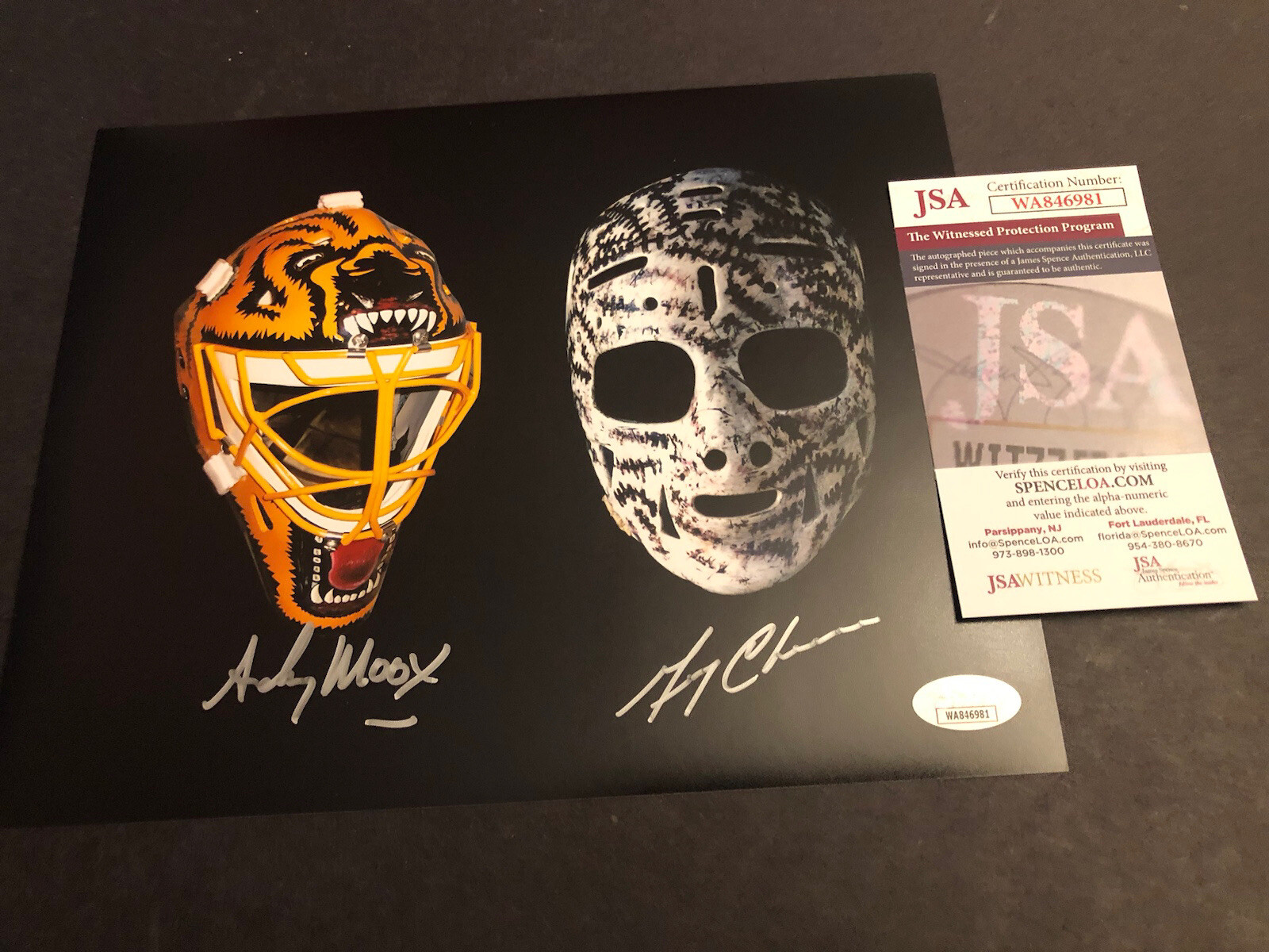 Gerry Cheevers Autographed Signed Boston Bruins JSA & ANDY MOOG 8x10 GREATEST MASKS PHOTO 981 