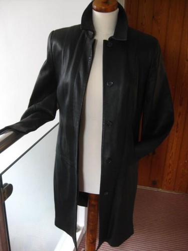 CHAQUETA GABARDINA DE CUERO M&S 14 12 línea larga clásica negra real fina suave - Imagen 17 de 19